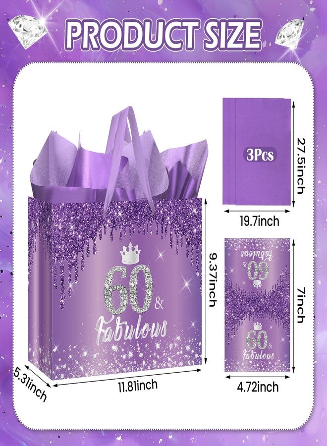 Yoirrat Purple Silver 60th Birthday Gift Bag for Women 60 & Fabulous Large Purple Happy 60th Birthday Gift Bag with Wrapping Paper and Card for 60th Bday Decorations Party Supplies - Image 3